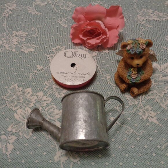 GIRL BEAR FIGURINE W ANGEL WINGS PINK RIBBON WATERING CAN LOT - Picture 3 of 7